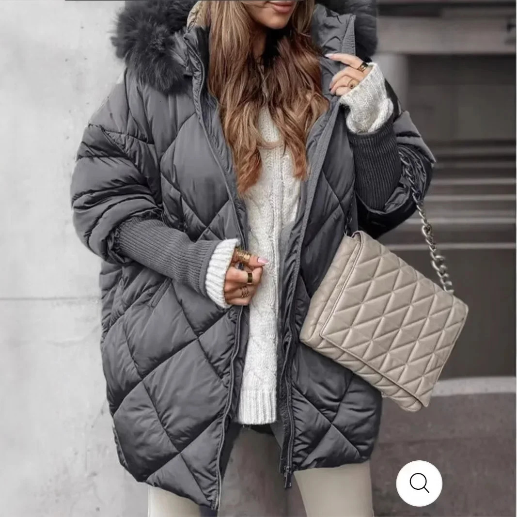 Hooded Cotton Winter Coat Women Street Fur Collar Overcoat Casual Thickened Zipper Warm Jacket Female Parka Tops Outerwear 251027