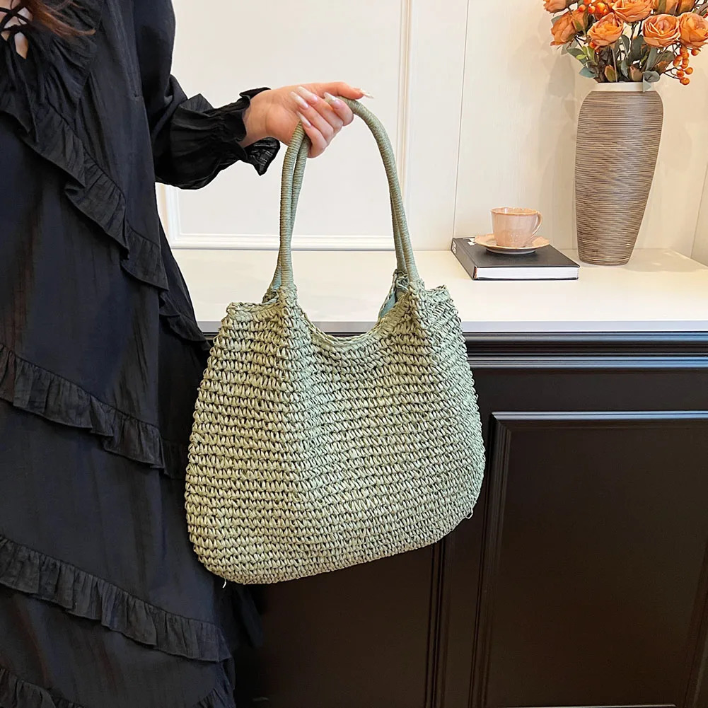 Women Straw Bag Tote Handbag Large Capacity Vintage Shoulder Bag Solid Color Simple Weaving Handbag Ladies Summer Daily Bag 251027