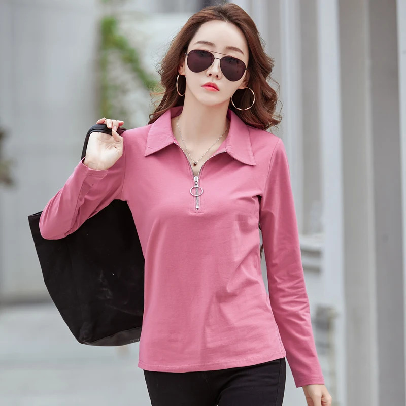 Korean Style cotton polo shirts women fashion long sleeve candy color zipper turn down neck polo t shirt for women 2025 251027