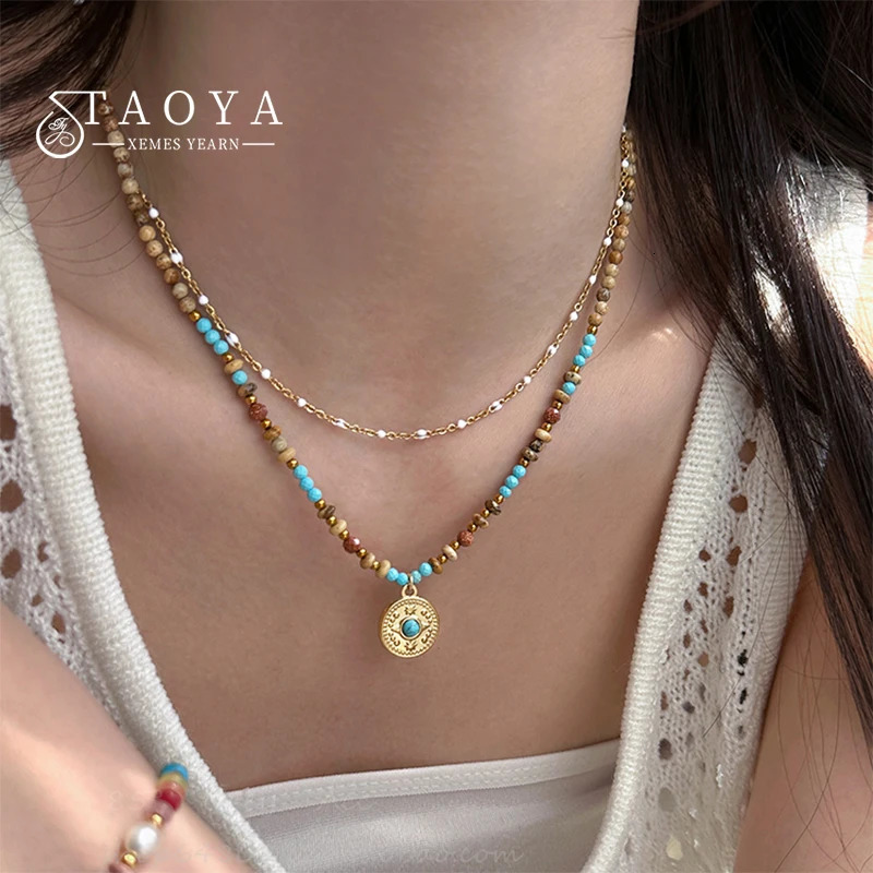 Gold Color Stainless steel Chain Bead Round Pendant Doublelayer Necklace For Women Trendy Jewelry Christmas Fashion Accessories 251020