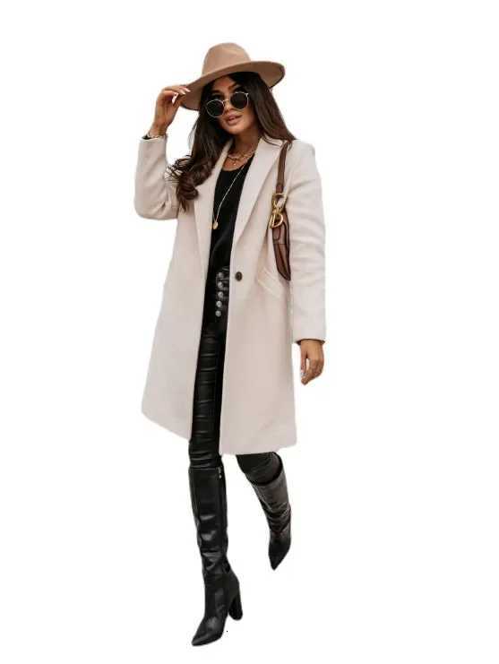 Womens MidLength Wool Coat Autumn Winter Solid Color Lapel Button Overcoat M251027