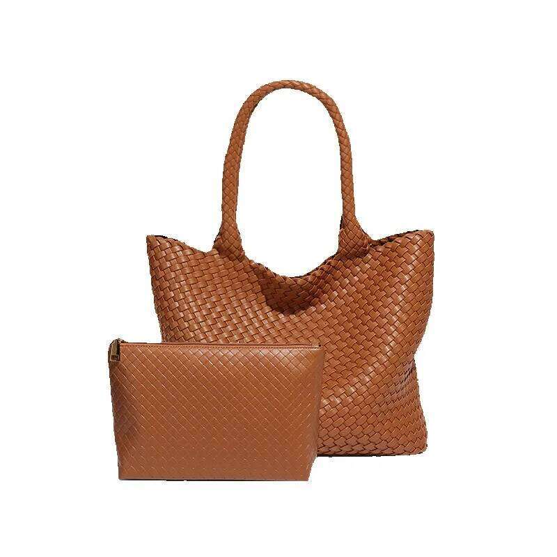 Hand-Woven Casual Large Capacity Tote Summer New Fashion Commuting Versatile Shoulder Bag For Women Cowhide Woven Bag