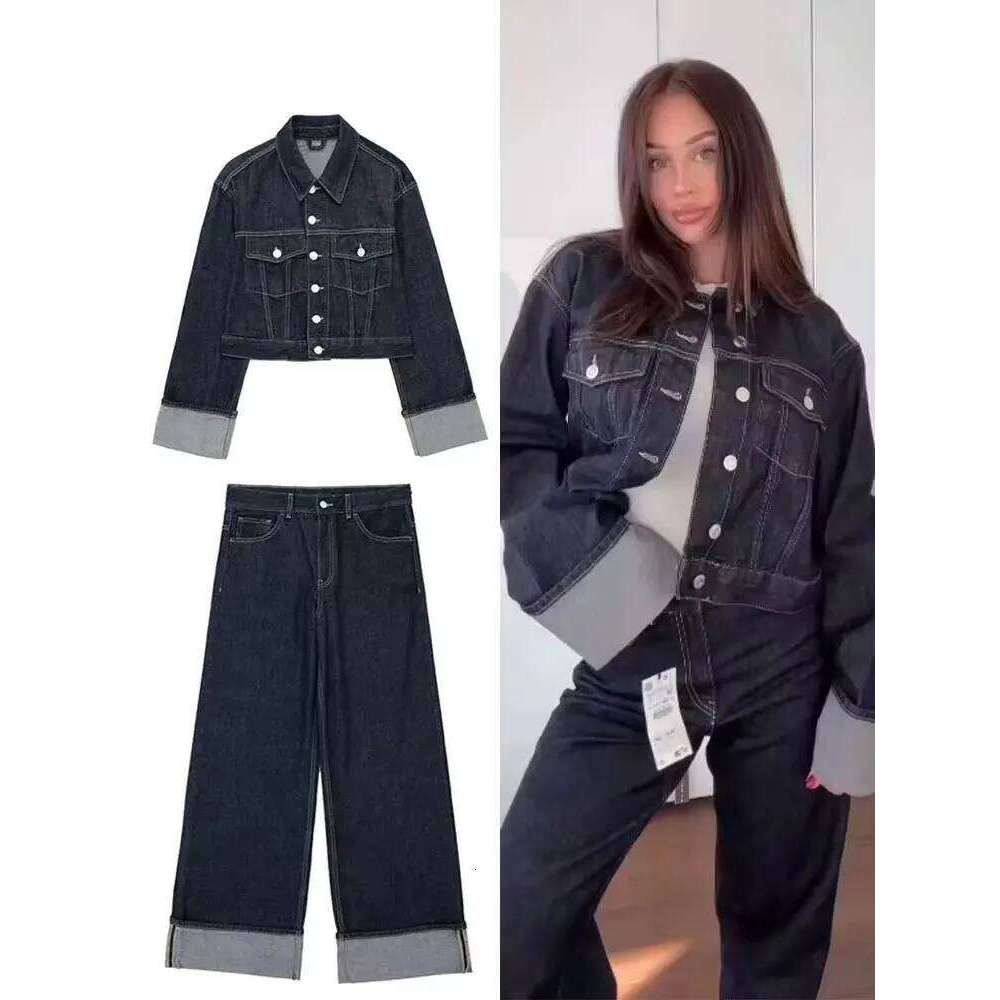 HH 2024 Autumn Female Vintage Denim Suit Long Sleeve Single Breasted Lapel Coat+High Waist Wide Leg Jeans Street Fashion Set