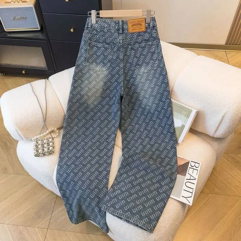 winter jacket women Women's Floor-Length Straight Denim Jeans Print Embroidery Loose Wide Leg Pants Autumn New Design Sensation Trousers