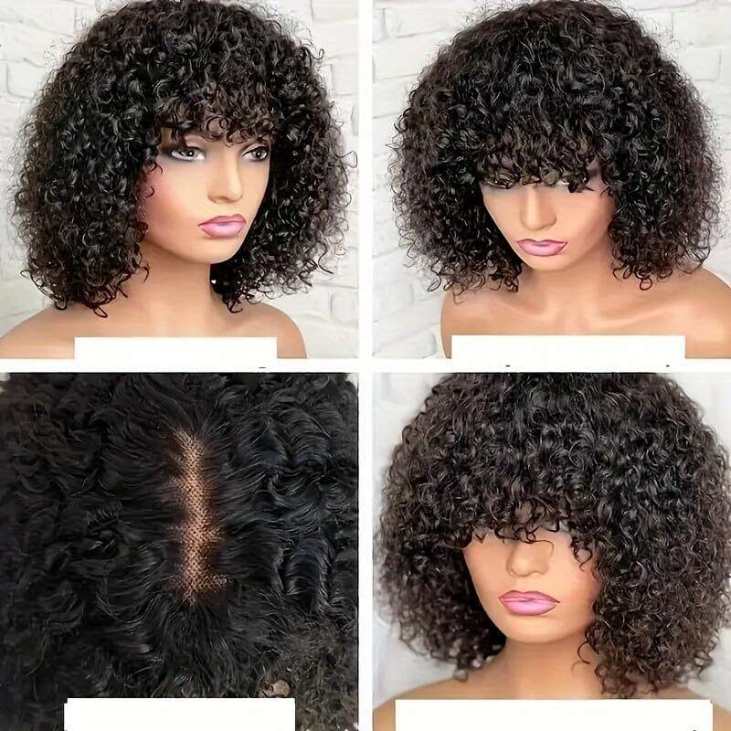 Chic Kinky Curly Bob With Bangs Women - 180% Density, HD Lace Front, Glueless Human Hair, Natural Black Color, Versatile Style For All Ethnicities, Ha