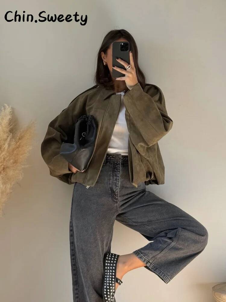 winter jacket women Vintage Suede Green Bomber Jacket Women Loose Lapel Full Sleeve Zipper Commute Coat Autumn Lady High Street All-match Coats