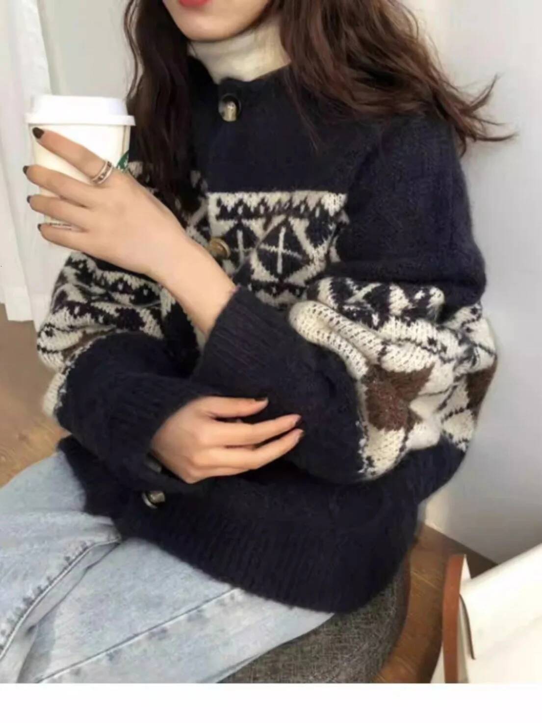 New Dia Knit Cardigan Women's 100% Pure Cashmere Lazy Loose Slim Top Retro Round Neck Sweater