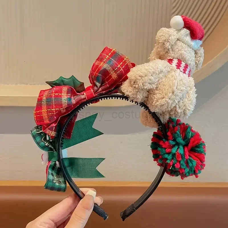 Disney 1 senior Christmas plush teddy bear headband with red and green plaid bow Christmas hat and scarf winter celebration H251027