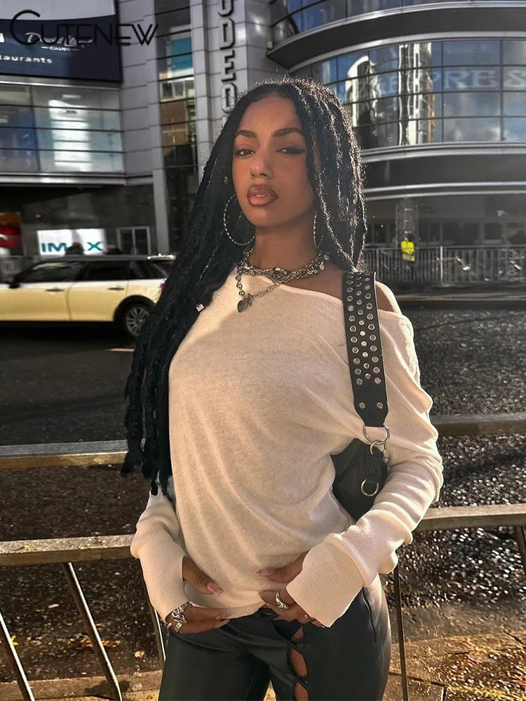 Cute Classic Basic Women Tees Autumn Solid Concise Full Sleeve Incline Shoulder Tops Female Casual Allmatched Streetwear 251027