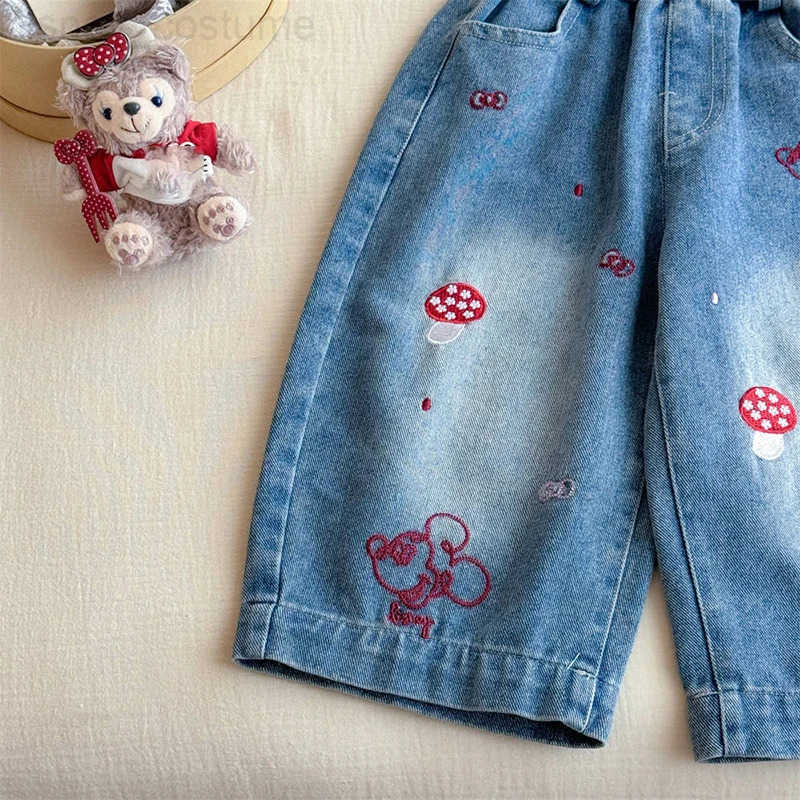 Disney Girls Jeans Cute Cartoon Embroidered Kids Wide Leg Pants Spring Autumn Patchwork Mickey Casual Childrens Trousers H251027