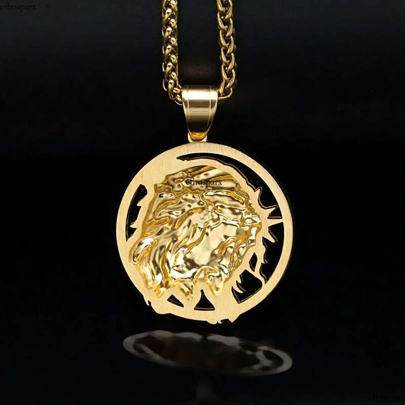 Stainless Steel Jesus Face Pendant Necklace Gold Plated Men Religious Jewelry