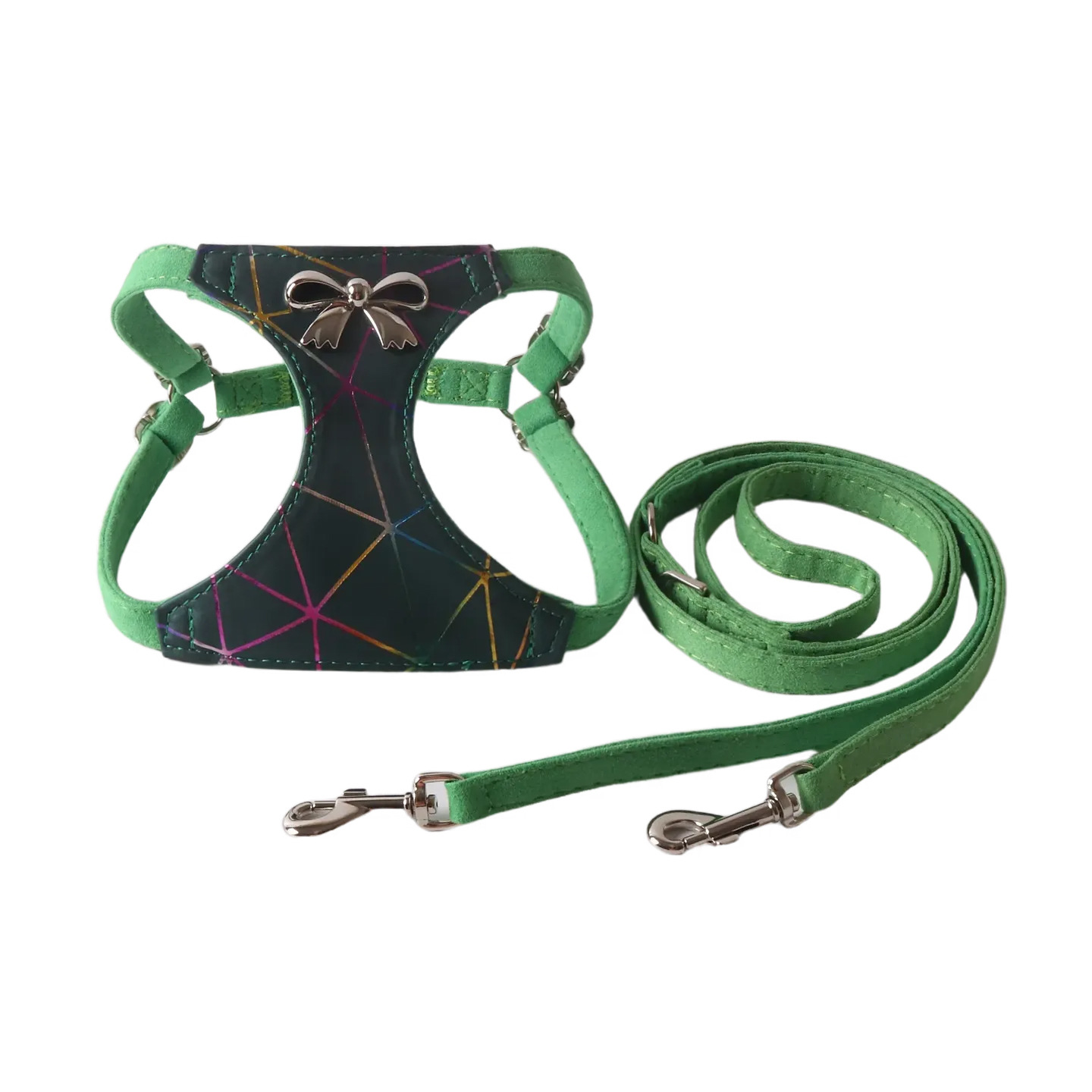 Matte PU Luxury Pet Harness and Leather Set with Rainbow Metal Pattern and Bow Details - Adjustable Walking Vest for Small Medium Dogs B158