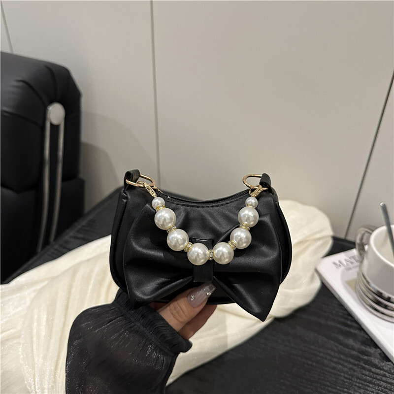 Sweet bow design handbag, winter new pearl chain design, fashionable and elegant women's shoulder bag, trendy and luxurious designer bag