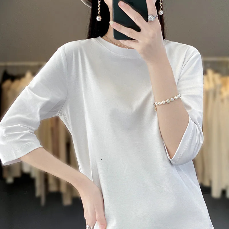 Mercerized Cotton Cropped Sleeve Female Spring And Summer Round Neck Loose 100 Cotton Short Sleeve Bottoming TShirt 251027