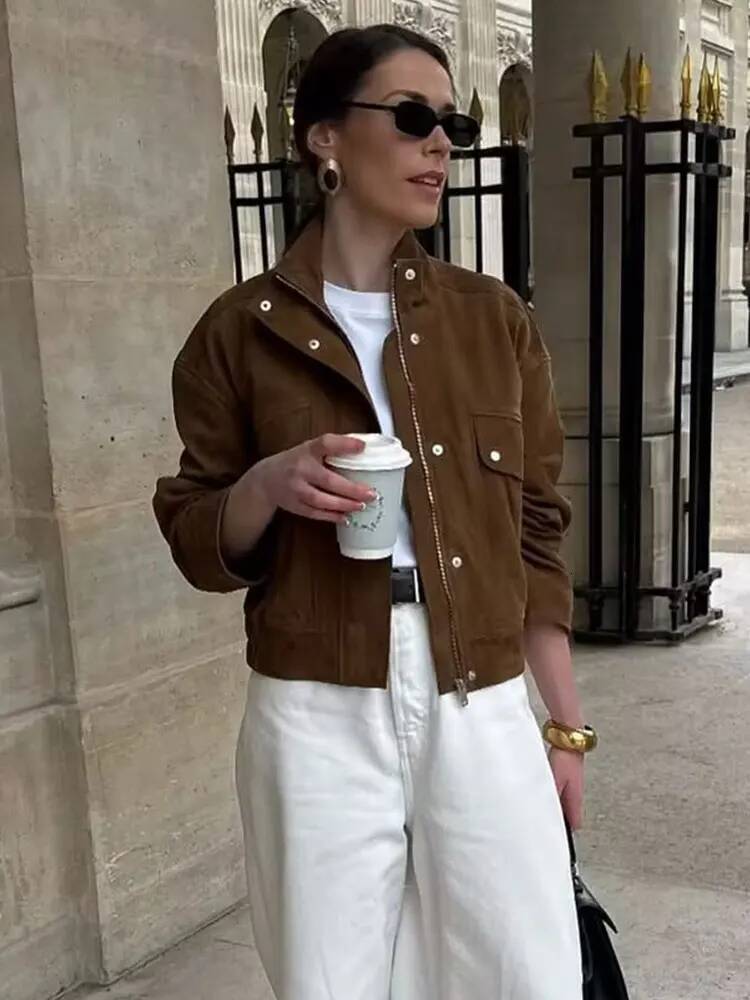 winter jacket women HH Women Vintage Solid Suede Coat Turtleneck Long Sleeve Zipper Bomber Jacket Outerwears Autumn Casual Female Streetwear