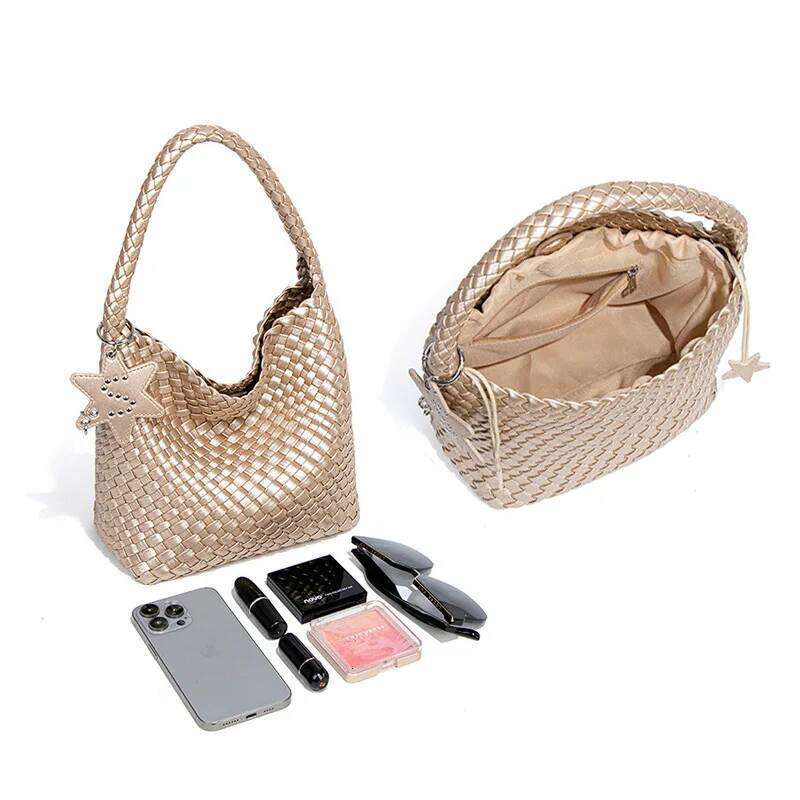Trendy Hand-Woven for Women Stylish Tote with Detachable Pouch Lady Fashion Underarm Shoulder Bag PU Vegan Leather Handbag