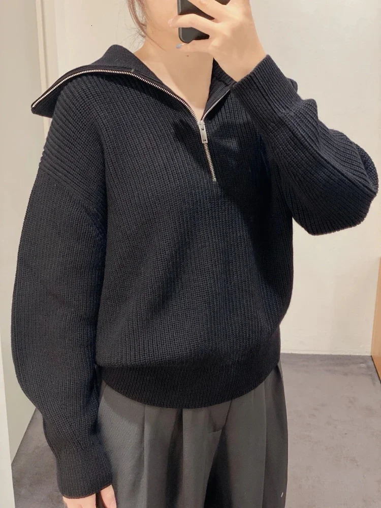 Autumn and Winter Womens Sweater Semizipper Casual Solid Color Knitwear Simple Loose Long Sleeves Pullover 251027
