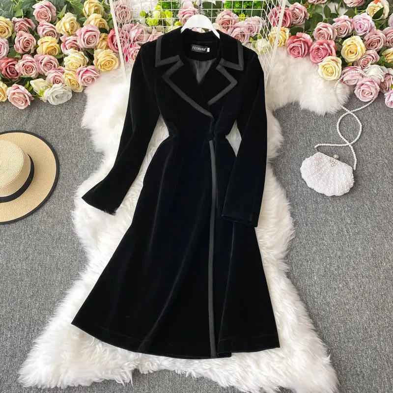 Womens Black Velvet Blazer Dress Long Over the Knee Temperament Maxi Windbreaker Jacket Slim Coat Autumn Winter Fashion M1180 251027