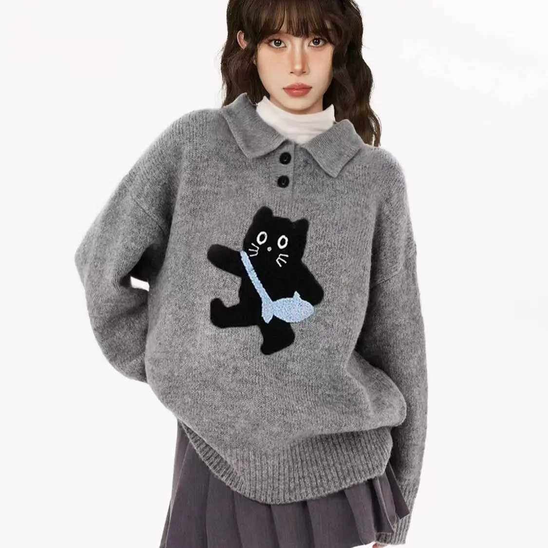 Gray Polo Cat Sweater Women Winter Knit Pullover with Collar Y2K Oversized Lazy Style Top Thickened Plush Crewneck Feline PT251027