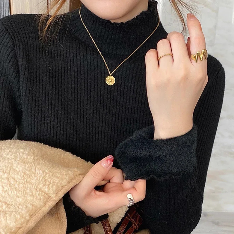 Autumn Winter Women Ruffles Mock Neck Sweater Thicken Fleece Warm Thermal Pullover For Women Cashmere Sweater 251027