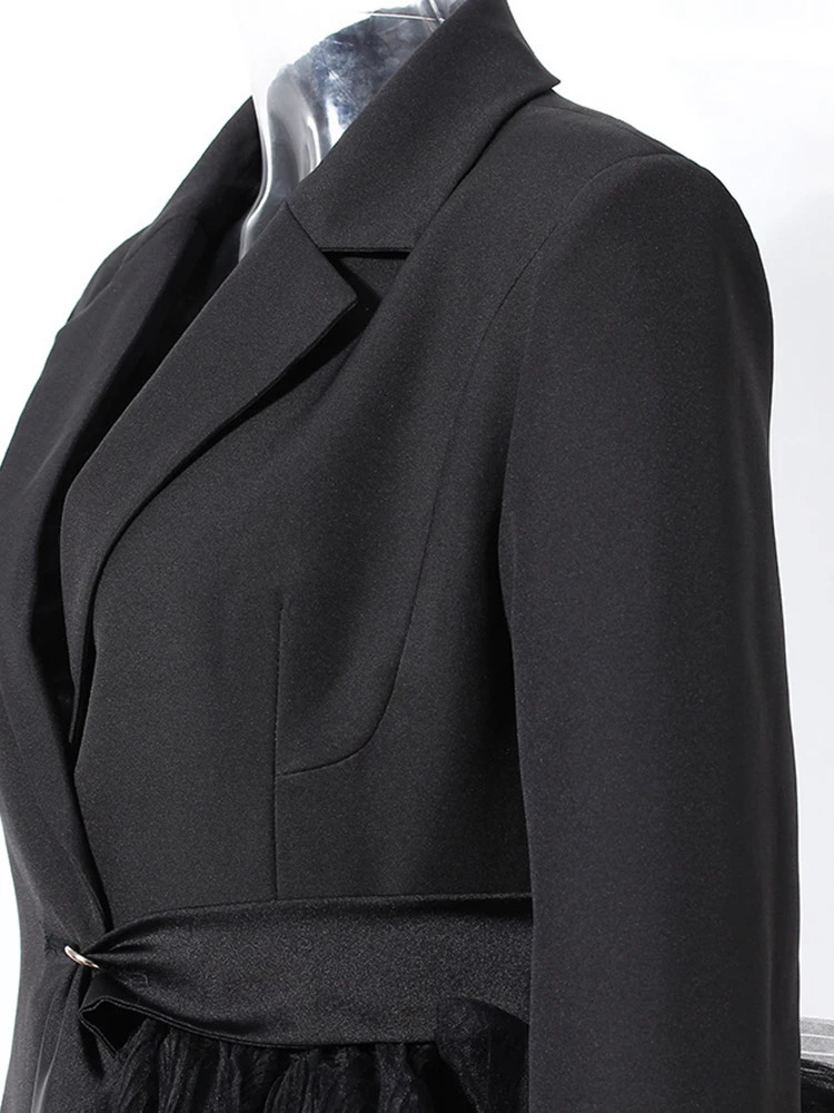 EAM Women Black Irregular Mesh Big Size Long Elegant Blazer Lapel Sleeve Jacket Fashion Spring Autumn 7AB4743 251027