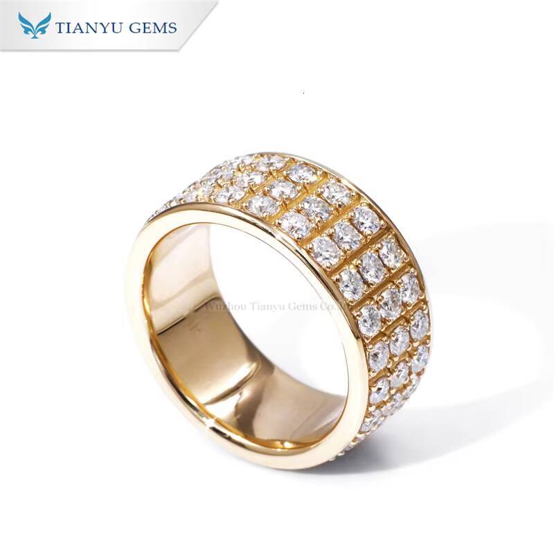 Tianyu Gems Luxury Design Threerow Lab Diamond Wide Version Yellow Gold Ring for Men