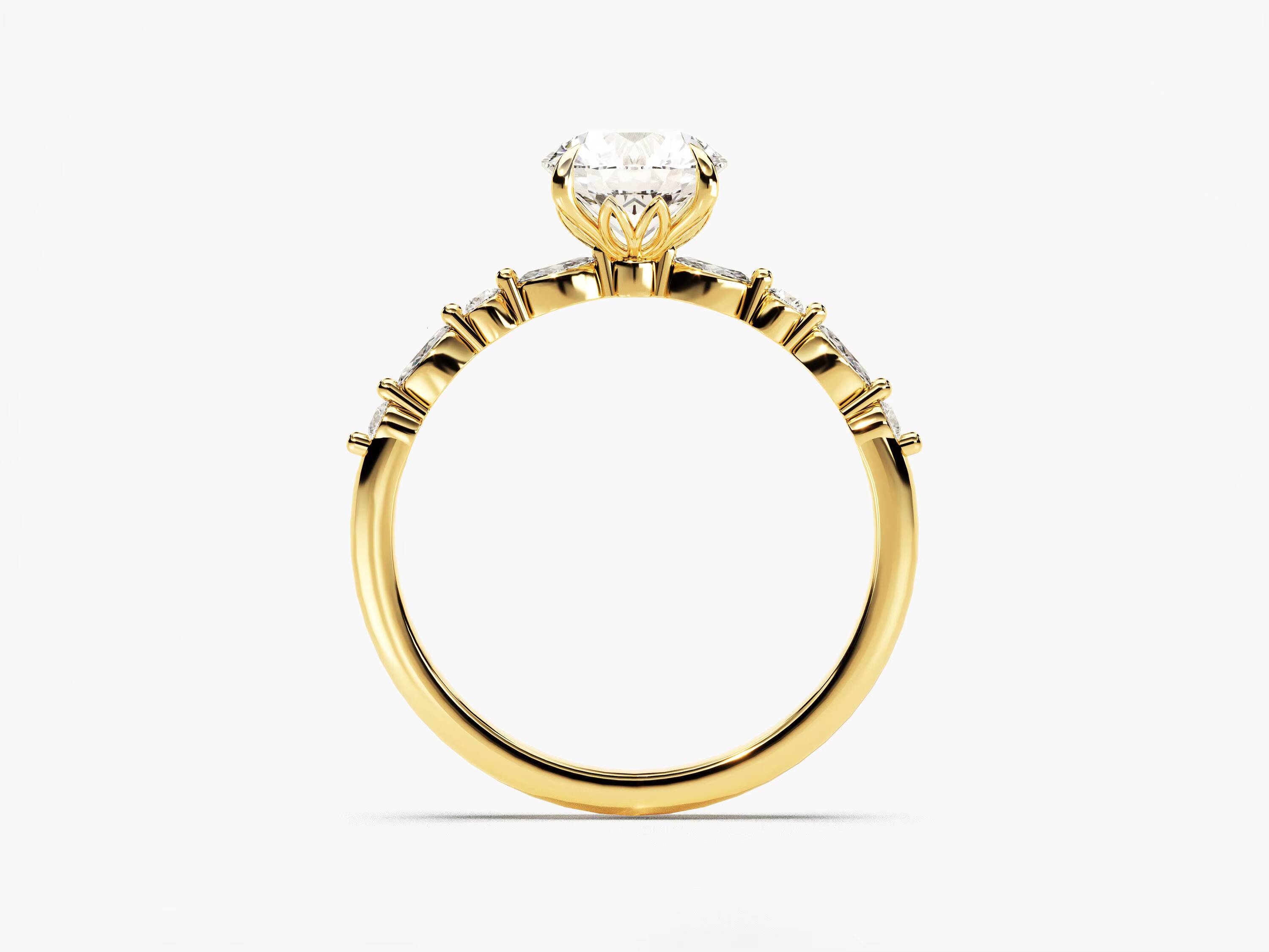 Round and Marquise Sidestones Engagement Ring 14k 18k Solid Gold Lab Diamond Ring Promise Ring