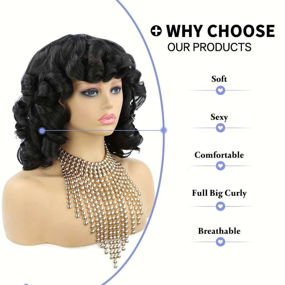 Short Wigs Black Soft, Big Bouncy Fluffy Curly With Bangs Afro Kinky Curls Heat Resistant Natural Looking Synthetic Wig For African American Women - S