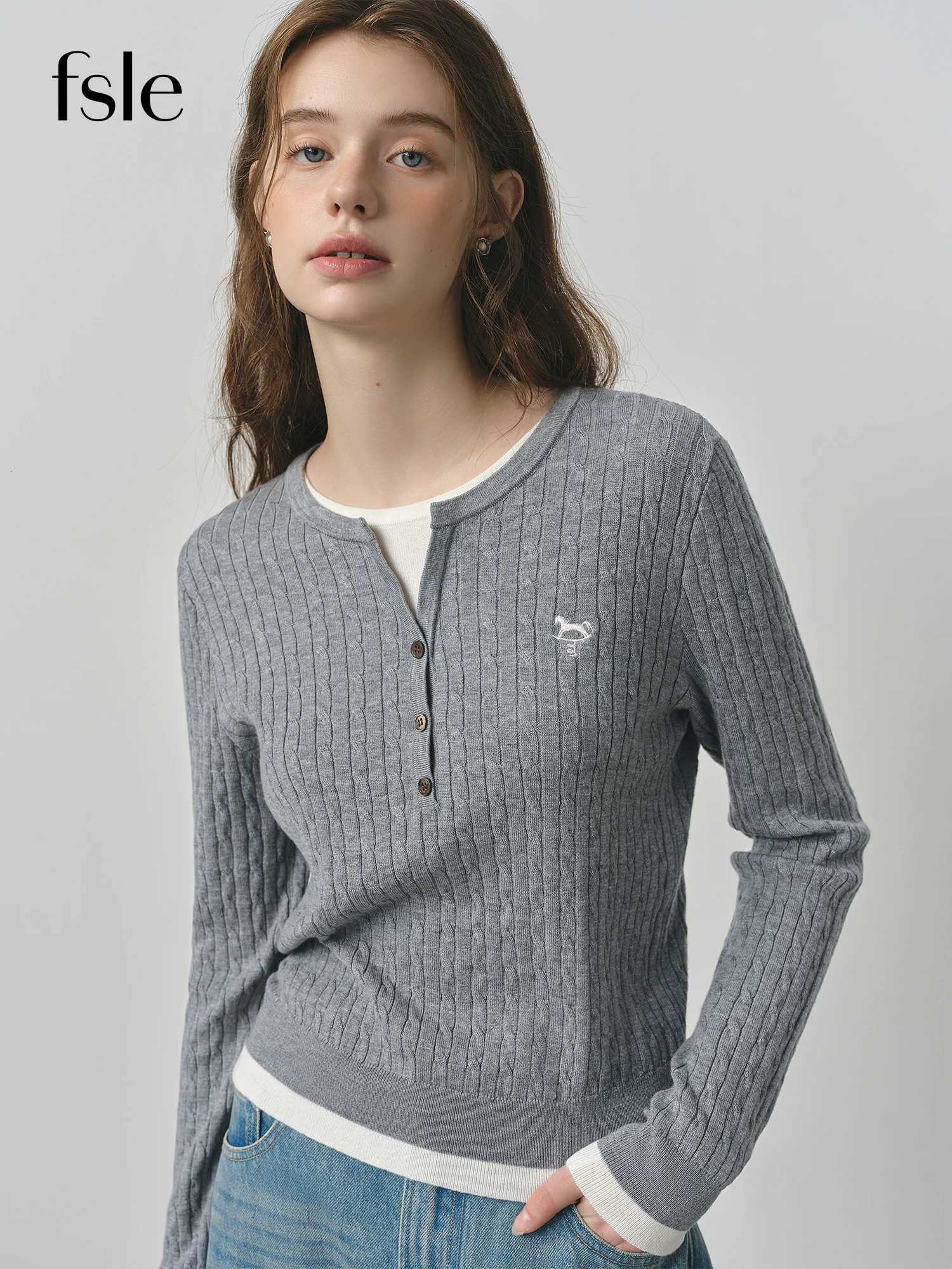 FSLE Fake Twopiece Design Cable Knit Sweater for Women 2025 Autumn New Slim Fit Embroidered Contrast Color Top 25FS13297T251027