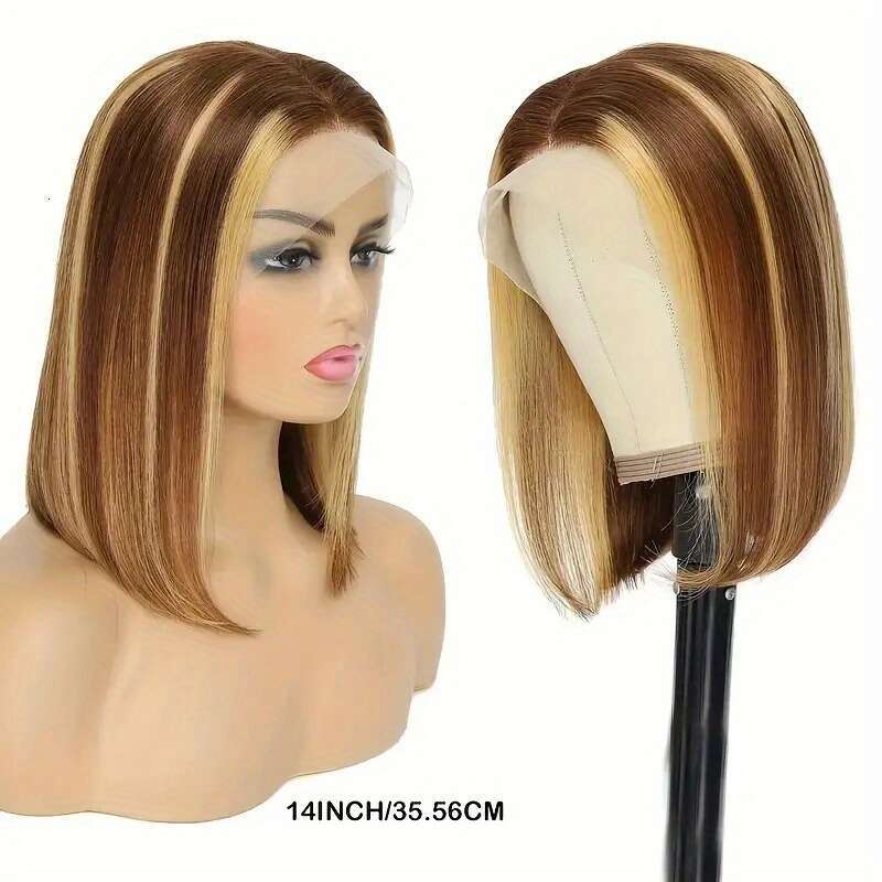 200% Density Glueless Closure With Baby Straight Bob 5X1 HD Lace Wigs Mixed Brown & Blonde Human Hair Bleached Invisible Bye Knots Wig Pre Plucked