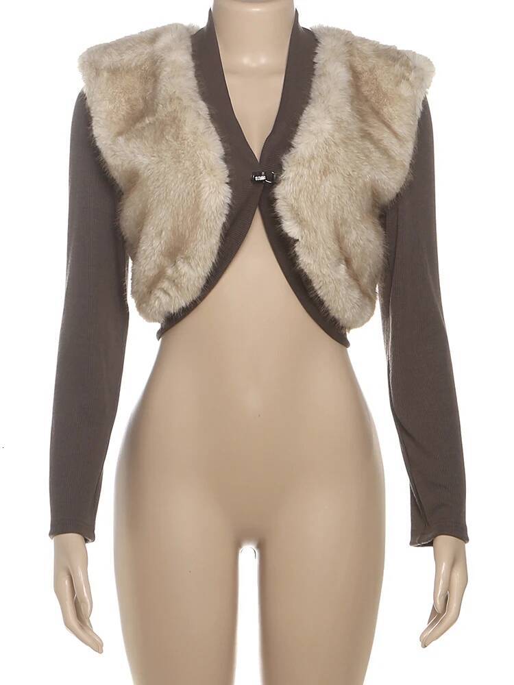 winter jacket women Nibber Patchwork Fluffy Crop Tops Women Single Buckle Sexy Streetwear Fall Fashion Skinny Casual Elegant Cardigan Coat