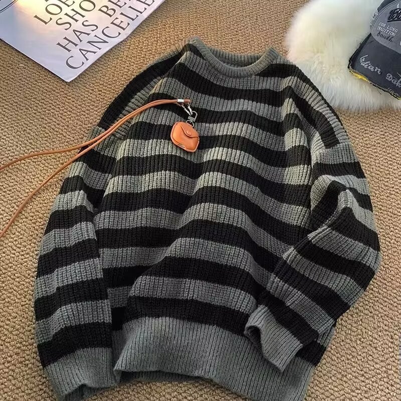 Color Block Designer Sweater Striped Sweater Men Winter American Style Lazy Warm Knitwear High-end Trendy Brand Crew Neck Jacket
