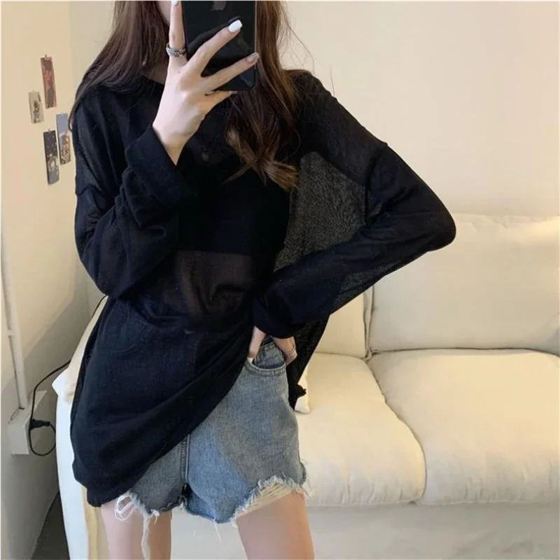 Sheer Tshirts Women Loose Korean Fashion Summer Sunproof Leisure Clean Fit Allmatch Long Sleeve Breathable Lazy Ulzzang 2XL 251027
