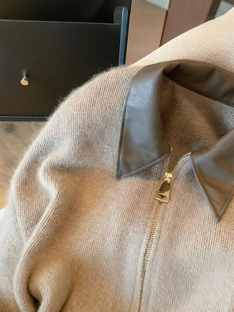 Patchwork Zipper Cropped Cardigan Women 400g Thick Autumn Knitted Sweater Bomber Jacket Vintage 2000s Short Fitted Knitwear Coat 251027