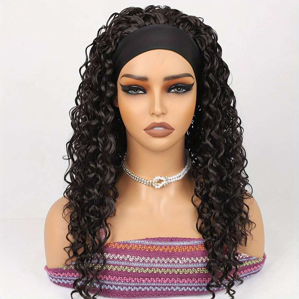 1Pc Elegant Unisex-Adult Curly Headband Wig, 180% Density Water Wave Synthetic Half With Elastic Cap And Attached Headbands, High Temperature Fiber, G