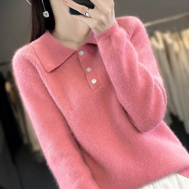RONGYI Autumn And Winter New 100 Mink Cashmere Lapel Womens Solid Color Loose Pullover Knitted Padded Warm Long Sleeve TopT251027