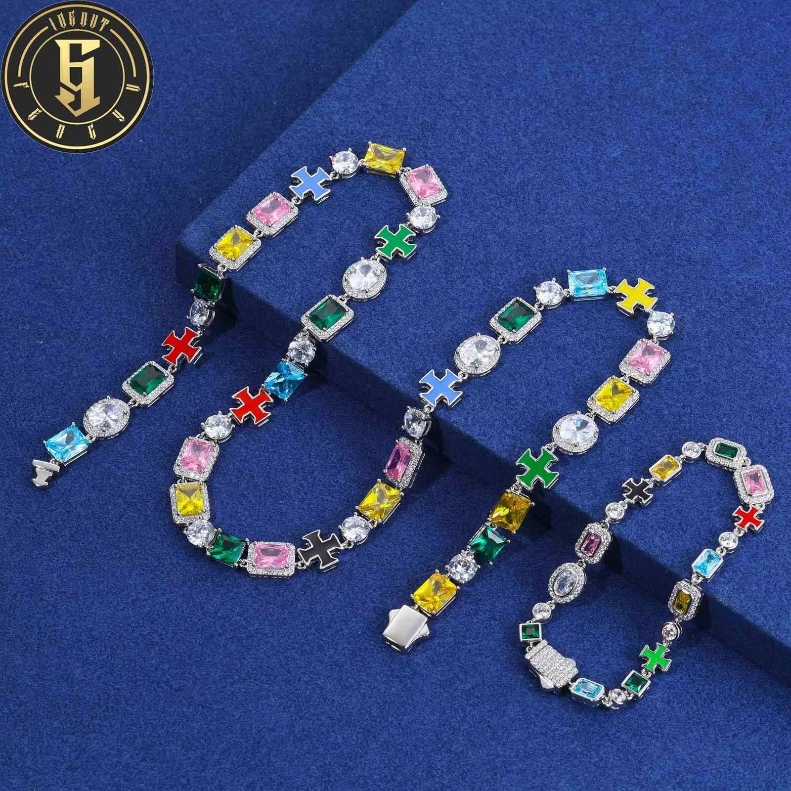 Gorgeous Mixed Gemstone Cross Tennis Chain 5A CZ Enamel Gem 18K Gold Plated Vintage Multi Colored Jewelry Necklace for Women Men