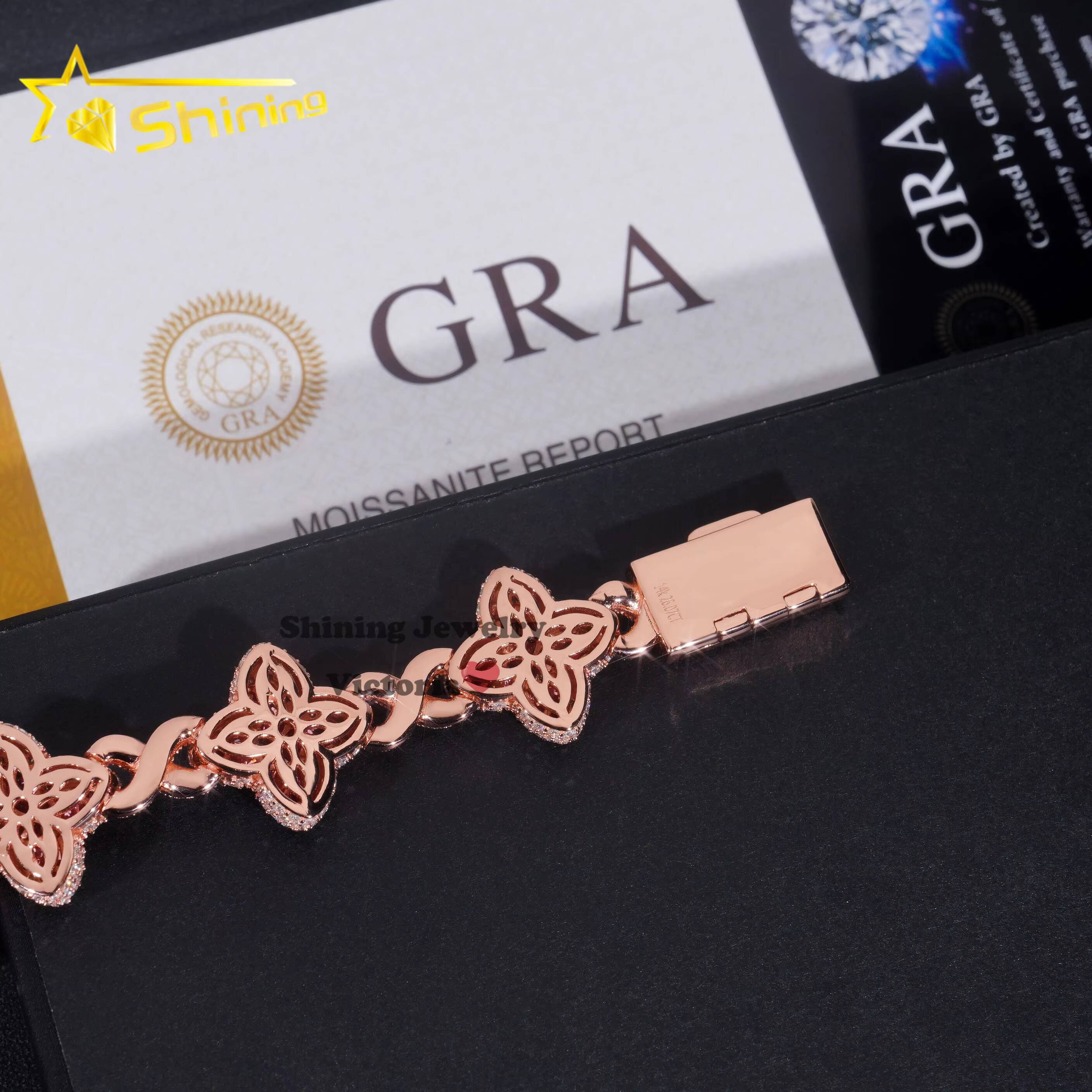 New Arrivals Rose Gold Plated Moissanite Men Bracelet With Pink Moissanite Iced Out Infinity Link Clover Cuban Bracelet