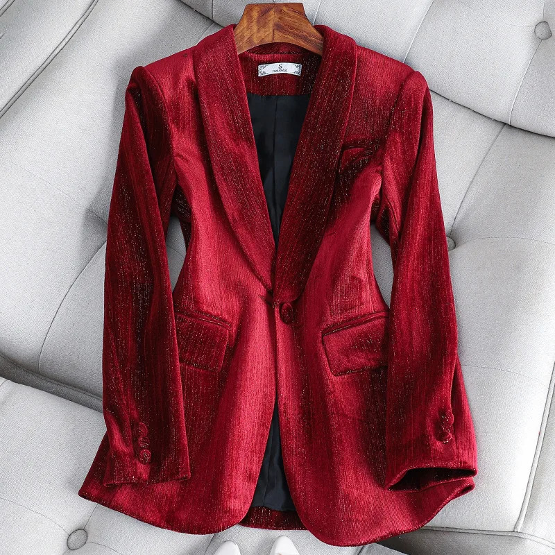 Womens Gold Velvet Blazer Office Lady Spring Autumn Foreign Atmosphere Red Blazers Suit OL Professional Wear 251027