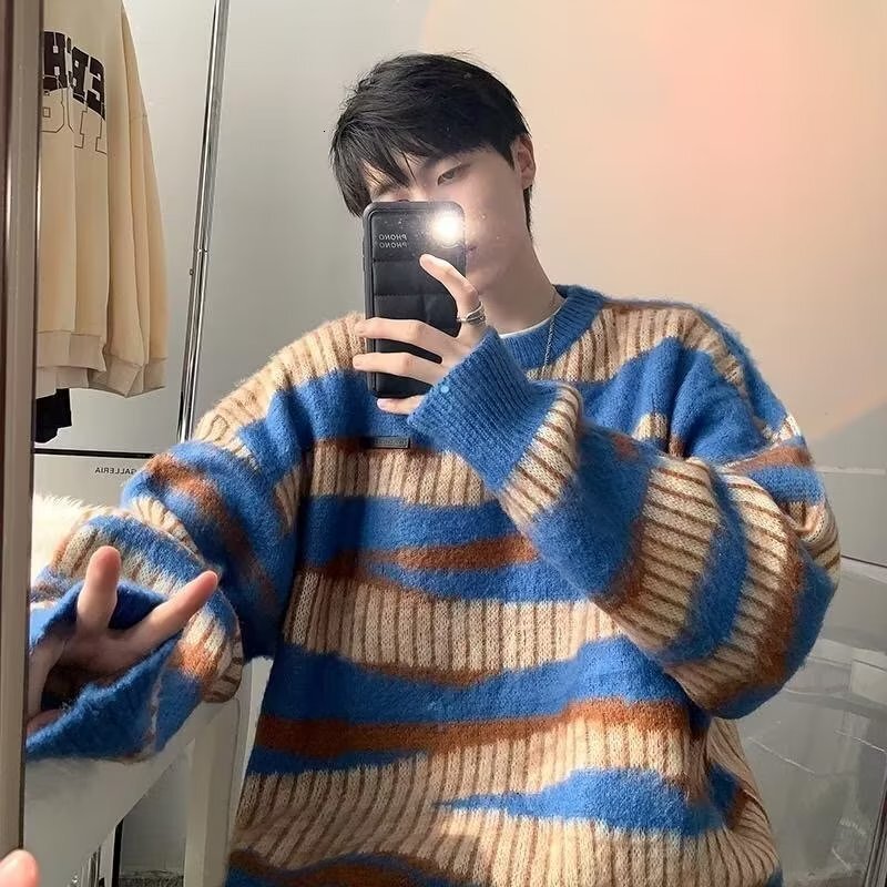Striped Color-block Sweater For Men Autumn And Winter Designer Sweater Lazy Style High-end Feel Versatile Loose Round Neck Knitwear Couple's Tren