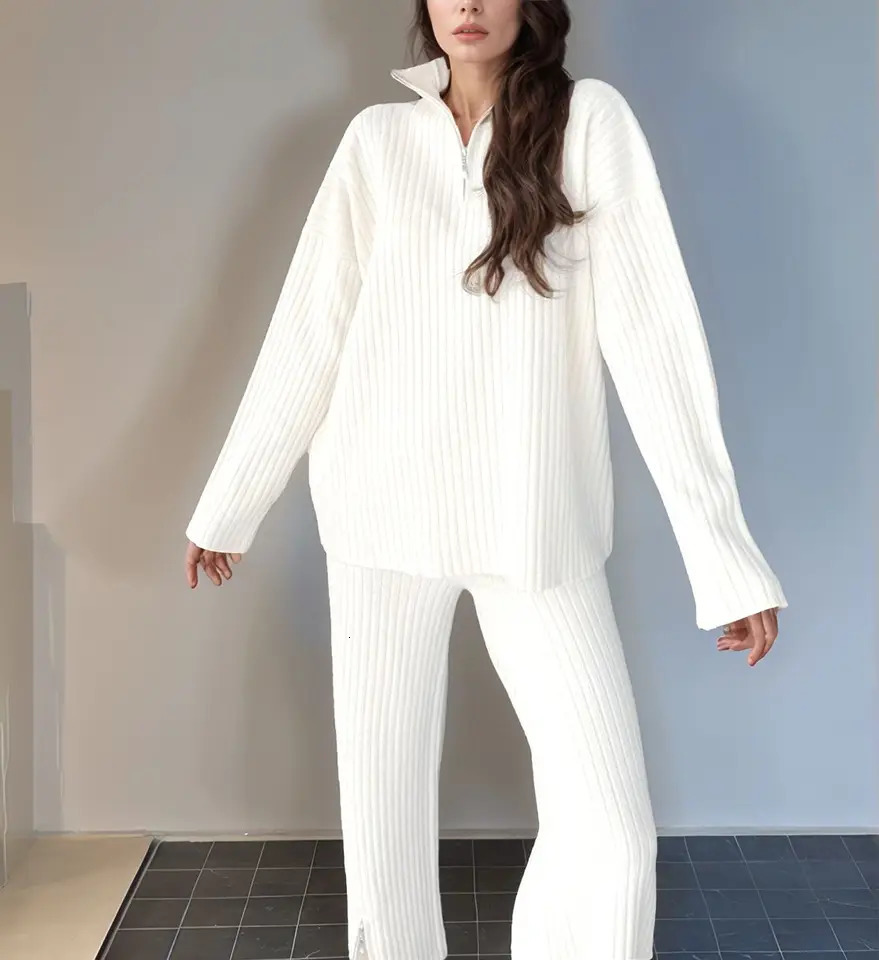European and American Cross border Autumn Winter Womens Solid Color Zipper Knitted Set High Collar Pit Strip Home 251027