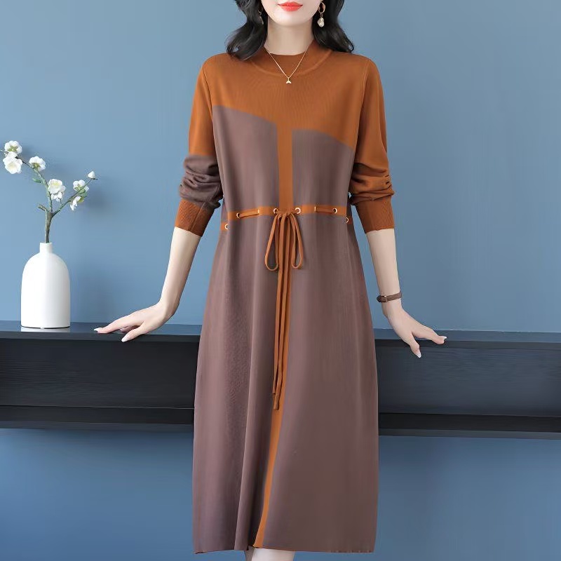 plus size women's new long sleeve high waist printed dress mid-length skirt D02407