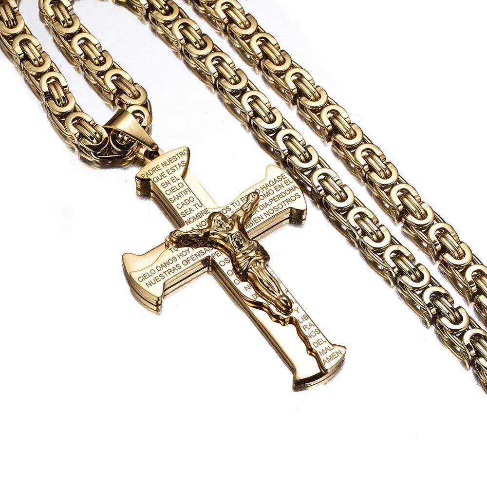 Jesus Crucifixion Cross Pendant Necklace For Men Women Gold Sier Black Color Stainless Steel Byzanine Chain