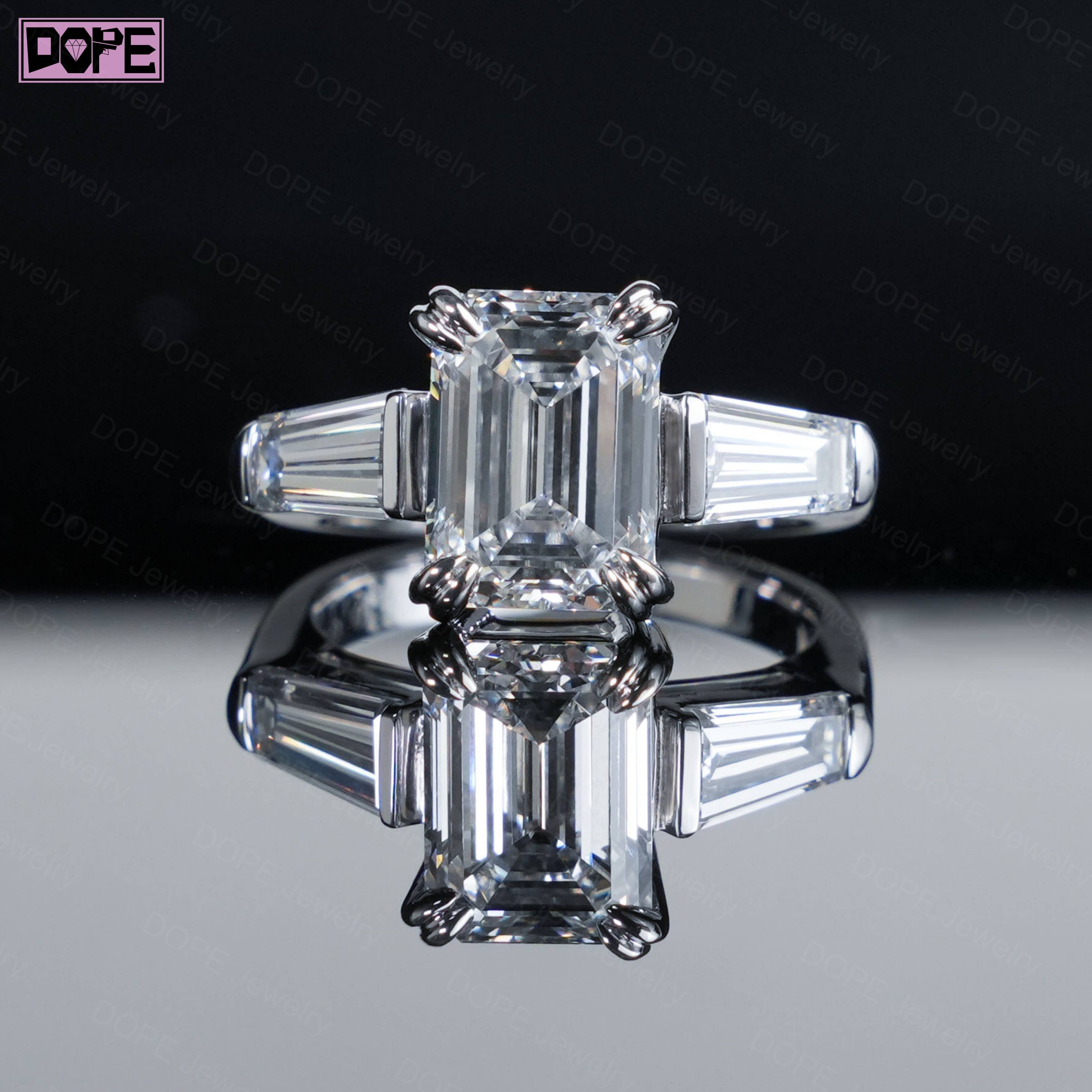 Lab Grown Diamond Ring 2CT Emerald Cut Solid Platinum Pt950 Tapered Side Stones IGI Certificate Engagement Ring