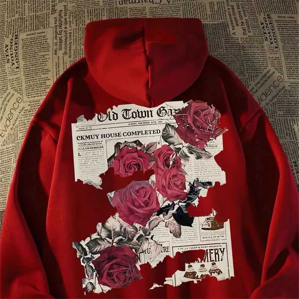 Hoodie Men Graphic Vivid Rose Print Cotton Hoodies American Retro Personality Streetwear Casual Hooded Sweatshirt Mens Clothing W251027