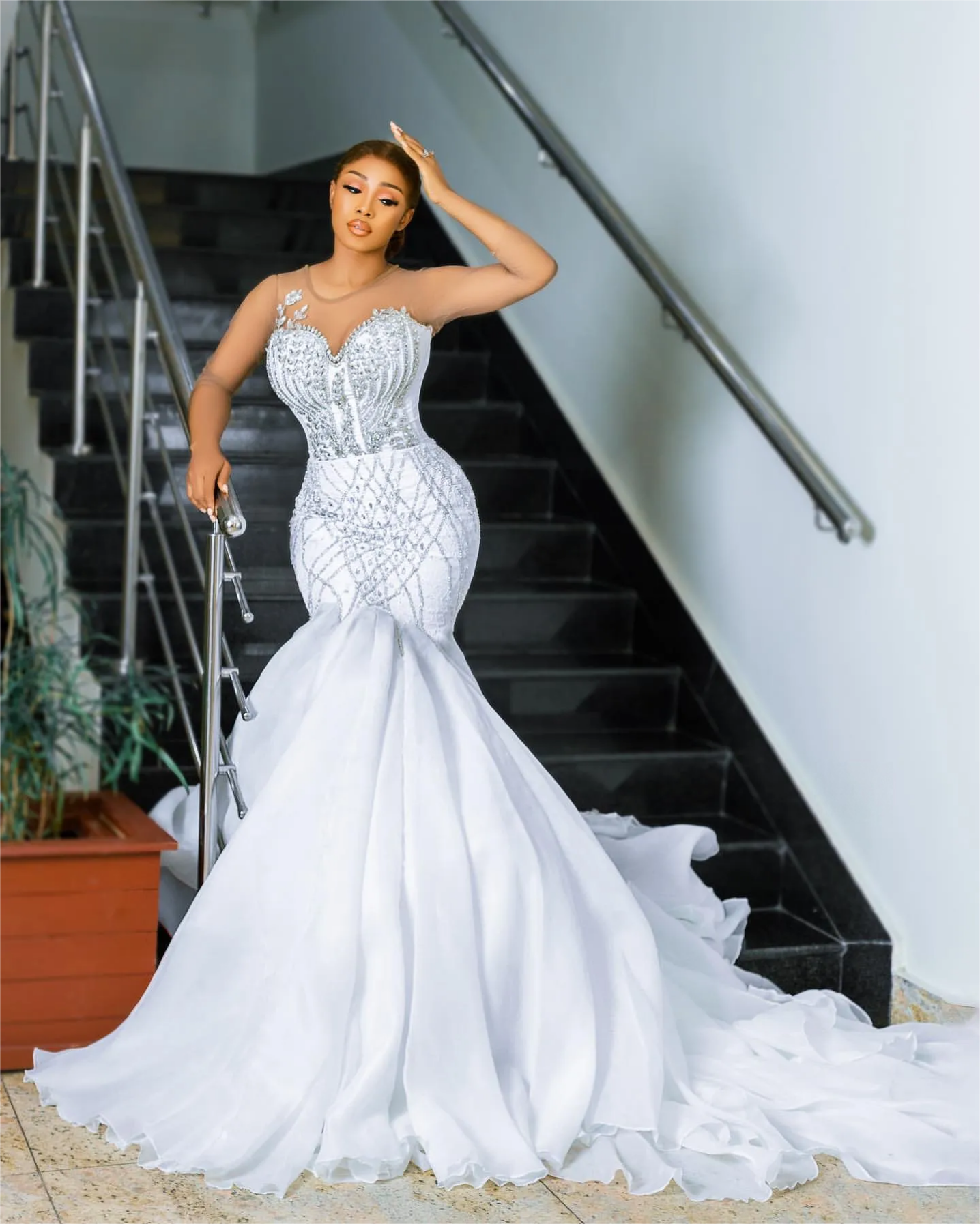 Arabic Aso Ebi Plus Size Mermaid Wedding Dress in Ivory with Full Sleeves Crystals Beaded and Organza Fabric For Bride