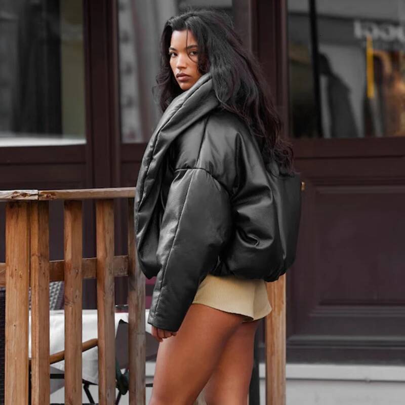 winter jacket women CUTENOVA Women'S Fall/Winter New Arrival Leather-Trimmed Stand Collar Solid Color Loose-Fit Cropped Crop Top Cotton Jacket