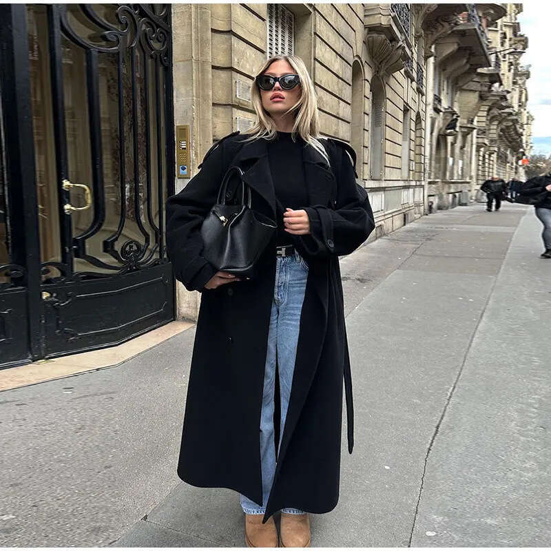 Elegant With Belt Black Long Coat For Women Oversize Woolen Double Button Lapel Overcoat Autumn New Lady High Street Outerwear
