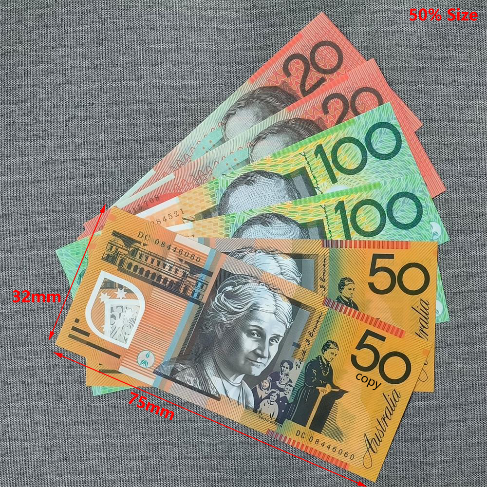 5A+ Realistic Ultra-thin Polymer Prop Money AUD Copy Money Australian Dollar 20 50 100 AUD Fake Money Movie Game Props For Kids Teaching Christmas 75.5*32.5mm 50% Size