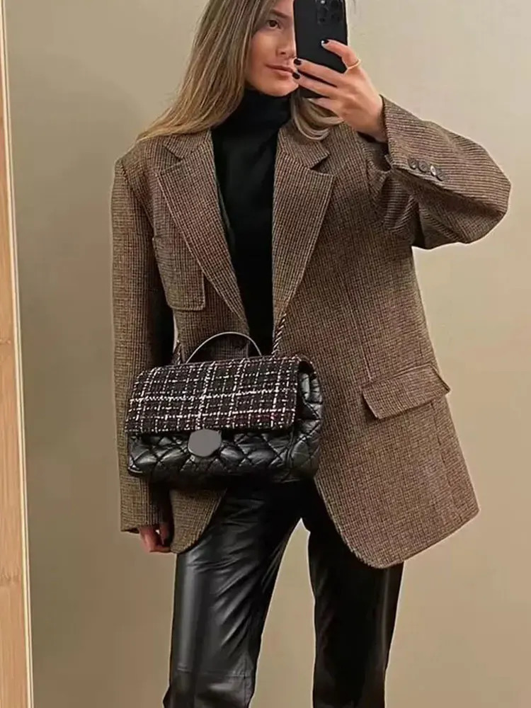 Vintage Womens Houndstooth Blazer Singlebreasted Suit Coat Spring Lady Office Commute Woman Outerwear Streetwear 251027
